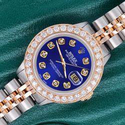 Rolex Custom Navy Blue  1.3ct Diamonds 18K Yellow Gold Stainless Steel Datejust  Automatic Women's Wristwatch 26mm