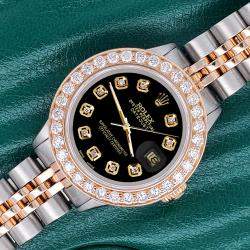 Rolex Custom Black 1.3ct Diamonds 18K Yellow Gold Stainless Steel Datejust  Automatic Women's Wristwatch 26mm
