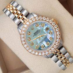 Rolex Custom Tahitian Blue 1.3ct Diamonds 18K Yellow Gold Stainless Steel Datejust  Automatic Women's Wristwatch 26mm