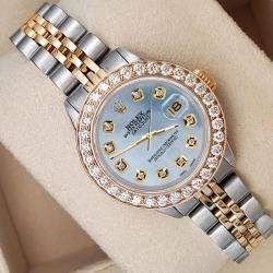 Rolex Custom Sky Blue 1.3ct Diamonds 18K Yellow Gold Stainless Steel Datejust  Automatic Women's Wristwatch 26mm