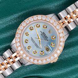 Rolex Custom Sky Blue 1.3ct Diamonds 18K Yellow Gold Stainless Steel Datejust  Automatic Women's Wristwatch 26mm