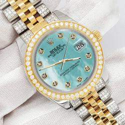 Rolex Custom Aquamarine 3.56ct Diamonds 18K Yellow Gold Stainless Steel Datejust 178273 Automatic Women's Wristwatch 31mm