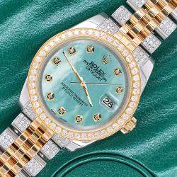 Rolex Custom Aquamarine 3.56ct Diamonds 18K Yellow Gold Stainless Steel Datejust 178273 Automatic Women's Wristwatch 31mm
