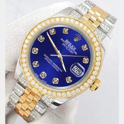 Rolex Custom Navy Blue 3.56ct Diamonds 18K Yellow Gold Stainless Steel Datejust 178273 Automatic Women's Wristwatch 31mm