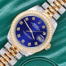 Rolex Custom Navy Blue 3.56ct Diamonds 18K Yellow Gold Stainless Steel Datejust 178273 Automatic Women's Wristwatch 31mm