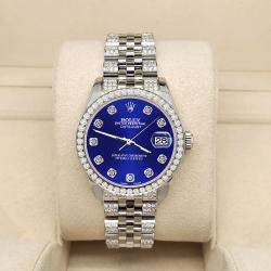Rolex Custom Navy Blue 3.30ct Diamonds Stainless Steel Datejust 178240 Automatic Women's Wristwatch 31mm