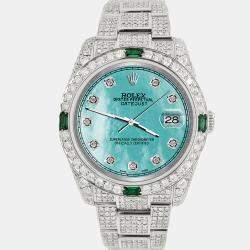 Rolex Custom Aquamarine 12.4ct Diamonds Stainless Steel Datejust  Automatic Men's Wristwatch 36mm
