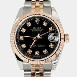Rolex Custom Black Diamond 18K Yellow Gold Stainless Steel Datejust 178271 Automatic Women's Wristwatch 31mm