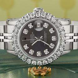 Rolex Customised Grey 2CT Diamond Stainless Steel Datejust  Automatic Women's Wristwatch 26mm