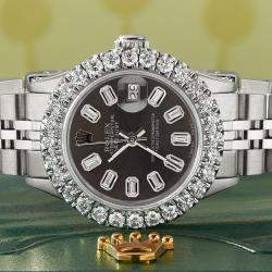 Rolex Customised Grey 2CT Diamond Stainless Steel Datejust  Automatic Women's Wristwatch 26mm