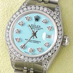 Rolex Customised Aquamarine Blue MOP Diamond Stainless Steel Datejust  Automatic Women's Wristwatch 26mm