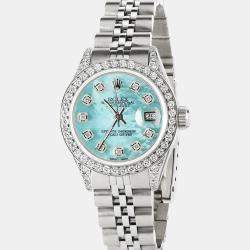 Rolex Customised Aquamarine Blue MOP Diamond Stainless Steel Datejust  Automatic Women's Wristwatch 26mm