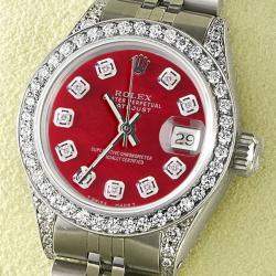 Rolex Customised Red Diamond Stainless Steel Datejust  Automatic Women's Wristwatch 26mm
