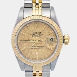 Pre Owned Rolex Champagne Linen Dial 18K Yellow Gold Stainless Steel Datejust 69173 Women's Wristwatch 26 mm