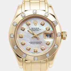 Pre Owned Rolex Mother Of Pearl Diamond 18K Yellow Gold Pearlmaster Datejust 69318 Women's Wristwatch 29 mm