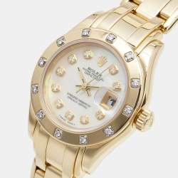 Pre Owned Rolex Mother Of Pearl Diamond 18K Yellow Gold Pearlmaster Datejust 69318 Women's Wristwatch 29 mm