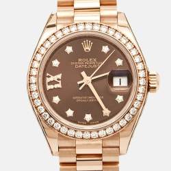 Pre Owned Rolex Chocolate Diamond 18K Everose Gold Datejust 279135RBR-001 Women's Wristwatch 28 mm