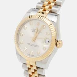 Pre Owned Rolex Silver DIamond 18K Yellow Gold Oystersteel Datejust M178273-0015 Women's Wristwatch 31 mm