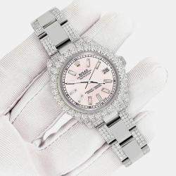 Pre Owned Rolex Custom Ice Pink 7.2ct Diamonds Stainless Steel Datejust 178240 Automatic Women's Wristwatch 31mm