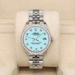 Rolex Custom Aqua Blue 3.30ct Diamonds Stainless Steel Datejust 178240 Automatic Women's Wristwatch 31mm