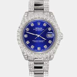 Rolex Custom Navy Blue 7.2ct Diamonds Stainless Steel Datejust 178240 Automatic Women's Wristwatch 31mm