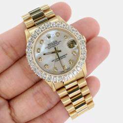 Rolex Custom White MOP Diamond 18K Yellow Gold President Datejust  Automatic Women's Wristwatch 31mm