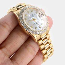 Rolex Custom White MOP Diamond 18K Yellow Gold President Datejust  Automatic Women's Wristwatch 31mm