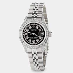 Rolex Custom Black Diamond Stainless Steel Datejust  Automatic Women's Wristwatch 26mm