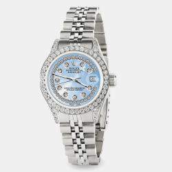 Rolex Custom Blue Flower Diamond Stainless Steel Datejust  Automatic Women's Wristwatch 26mm
