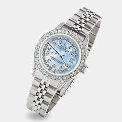 Rolex Custom Blue Flower Diamond Stainless Steel Datejust  Automatic Women's Wristwatch 26mm