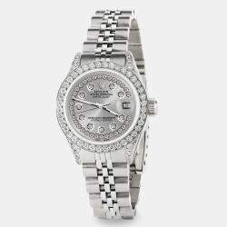 Rolex Custom Silver Diamond Stainless Steel Datejust  Automatic Women's Wristwatch 26mm