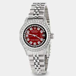 Rolex Custom Red Vignette Diamond Stainless Steel Datejust  Automatic Women's Wristwatch 26mm