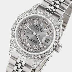Rolex Custom Grey Diamond Stainless Steel Datejust  Automatic Women's Wristwatch 26mm