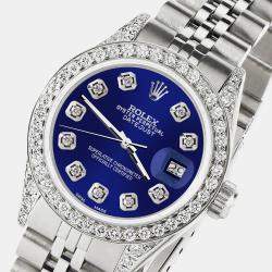 Rolex Custom Navy Blue Diamond Stainless Steel Datejust  Automatic Women's Wristwatch 26mm