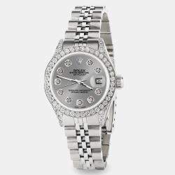 Rolex Custom Grey Diamond Stainless Steel Datejust  Automatic Women's Wristwatch 26mm