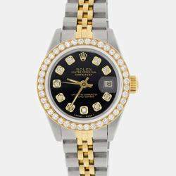 Rolex Custom Black Diamond 18K Yellow Gold Stainless Steel Datejust  Automatic Women's Wristwatch 26mm