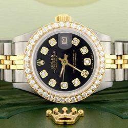 Rolex Custom Black Diamond 18K Yellow Gold Stainless Steel Datejust  Automatic Women's Wristwatch 26mm