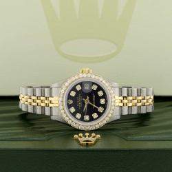 Rolex Custom Black Diamond 18K Yellow Gold Stainless Steel Datejust  Automatic Women's Wristwatch 26mm