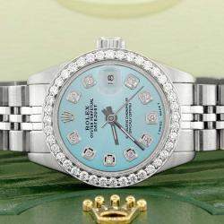 Rolex Customised Blue Diamond Stainless Steel Datejust  Automatic Women's Wristwatch 26MM