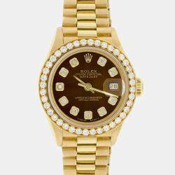 Rolex Customised Cocoa Brown Diamond 18K Yellow Gold President Datejust  Automatic Women's Wristwatch 26MM