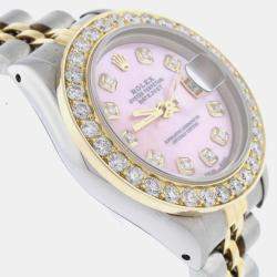 Rolex Customised Pink MOP Diamond 18K Yellow Gold Stainless Steel Datejust  Automatic Women's Wristwatch 26mm