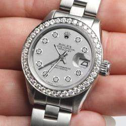 Rolex Customised Silver Diamond Stainless Steel Datejust  Automatic Women's Wristwatch 26mm