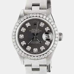 Rolex Customised Grey Diamond Stainless Steel Datejust  Automatic Women's Wristwatch 26mm