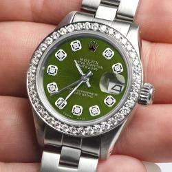 Rolex Customised Chartreuse Green Diamond Stainless Steel Datejust  Automatic Women's Wristwatch 26mm