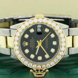 Rolex Customised Black Diamond 18K Yellow Gold Stainless Steel Datejust 6824 Automatic Women's Wristwatch 31mm
