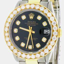 Rolex Customised Black Diamond 18K Yellow Gold Stainless Steel Datejust 6824 Automatic Women's Wristwatch 31mm
