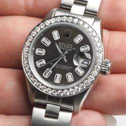 Rolex Customised Black Diamond Stainless Steel Datejust  Automatic Women's Wristwatch 26mm