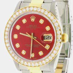 Rolex Customised Red MOP 1.8CT Diamond 18K Yellow Gold Stainless Steel Oyster Perpetual Date  Automatic Men's Wristwatch 34mm