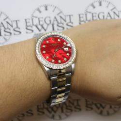 Rolex Customised Red MOP 1.8CT Diamond 18K Yellow Gold Stainless Steel Oyster Perpetual Date  Automatic Men's Wristwatch 34mm