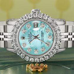 Rolex Customised Aquamarine MOP 2CT Diamond Stainless Steel Datejust  Automatic Women's Wristwatch 26mm
